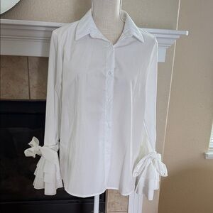 Classic White Button-Down Blouse with Tiered Tie Cuffs